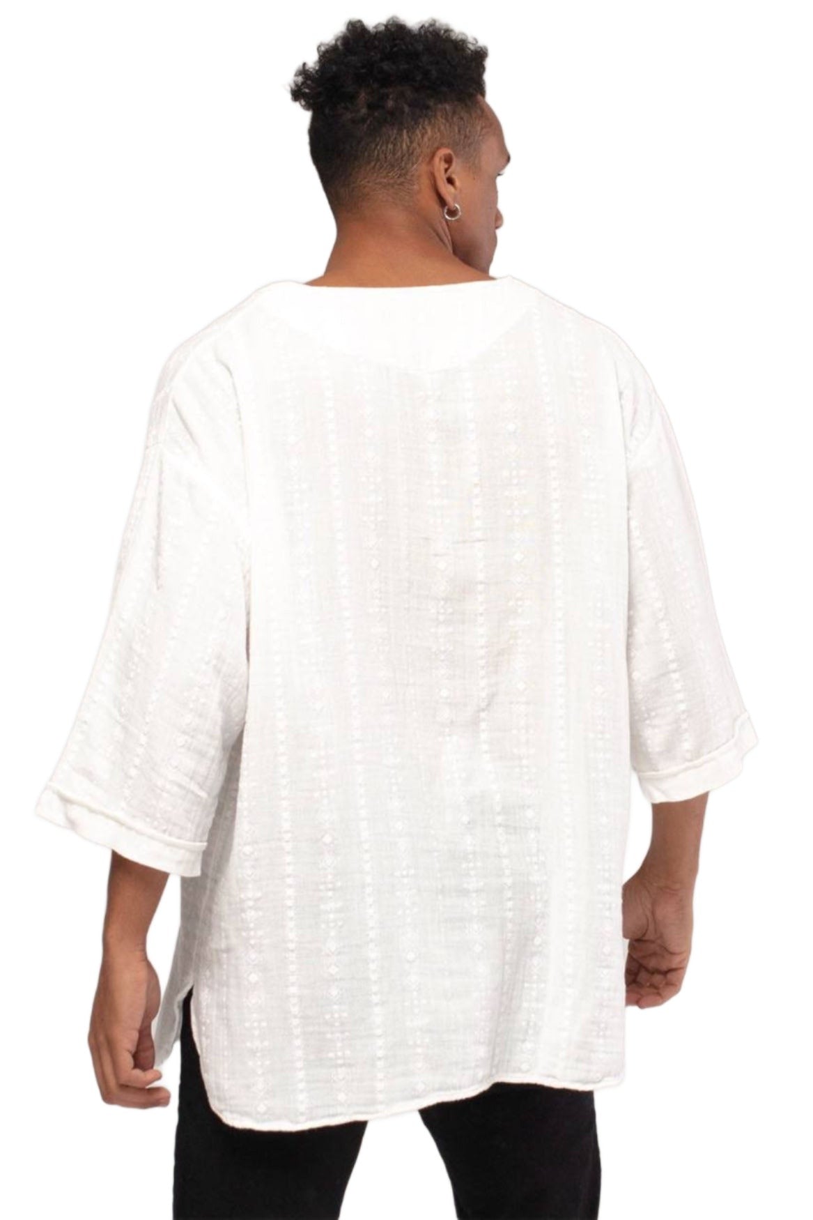 Bohemian V Neck Model Short Sleeve Linen Shirt White