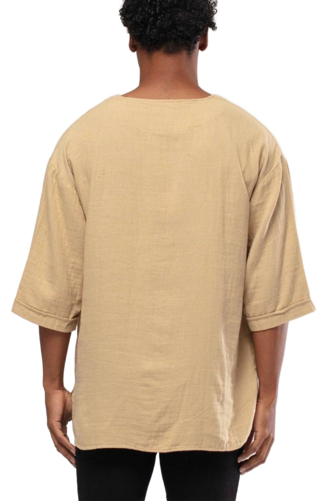 Bohemian V Neck Model Short Sleeve Linen Shirt Camel