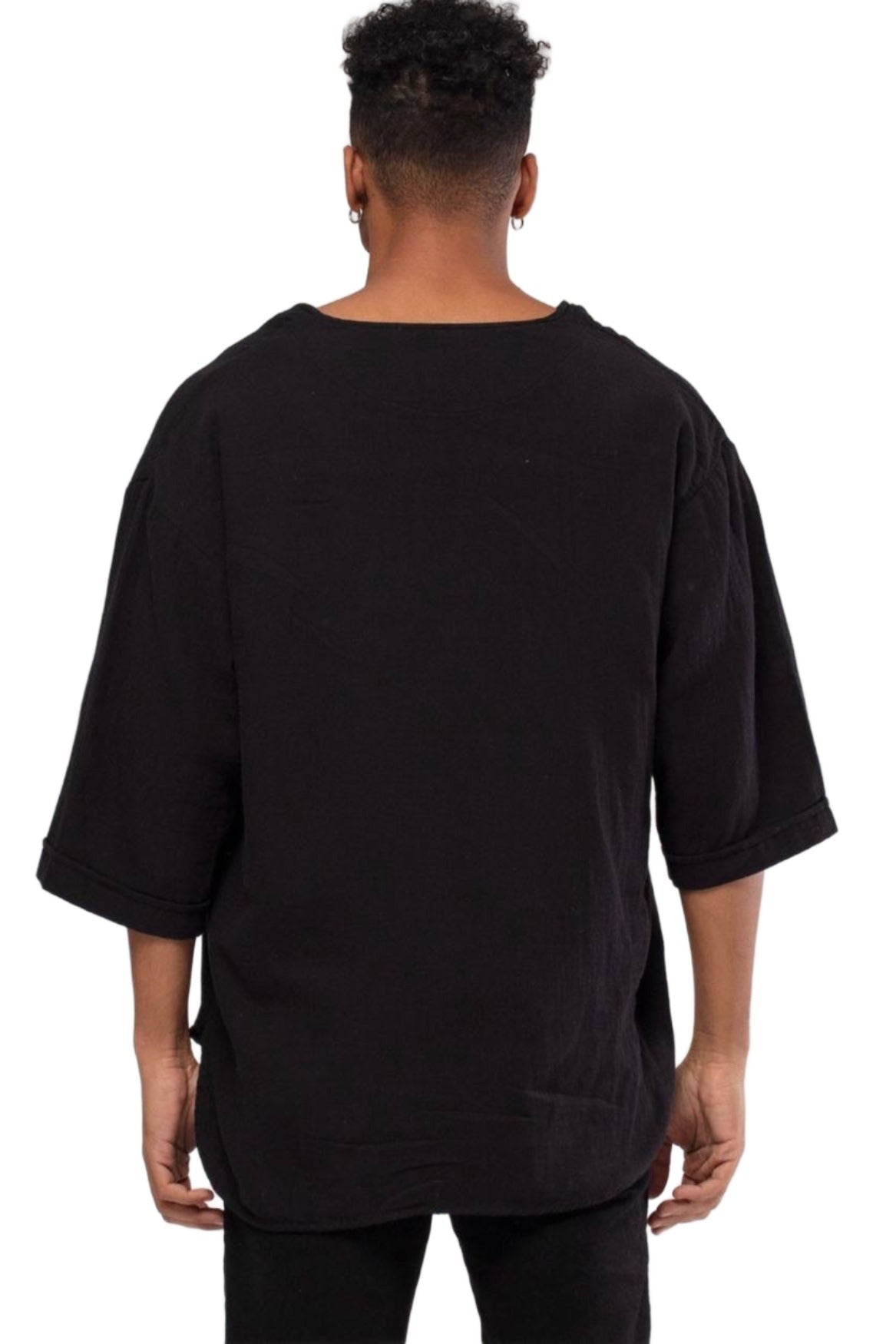 Bohemian V Neck Model Linen Shirt Black