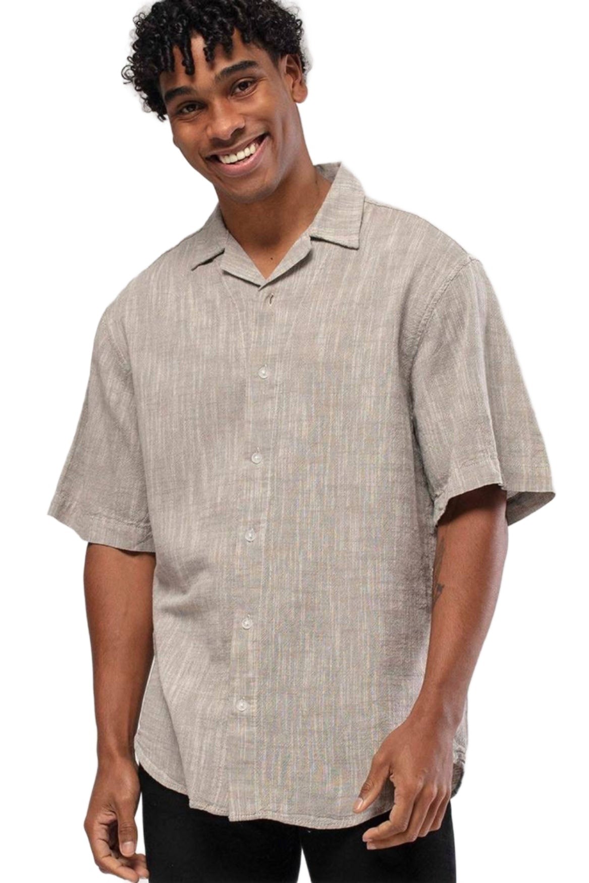 Linen Button Down Short Sleeve Shirt L.Grey