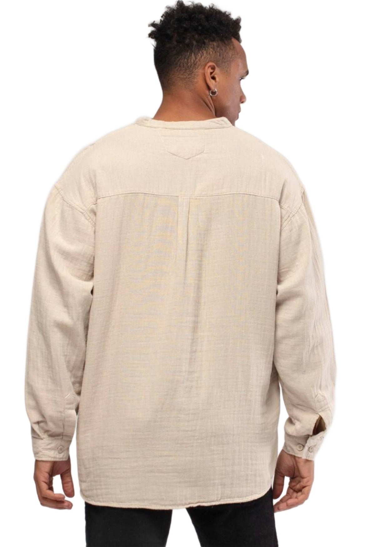 Linen Mandarin Neck half Button Long Sleeve Shirt Beije