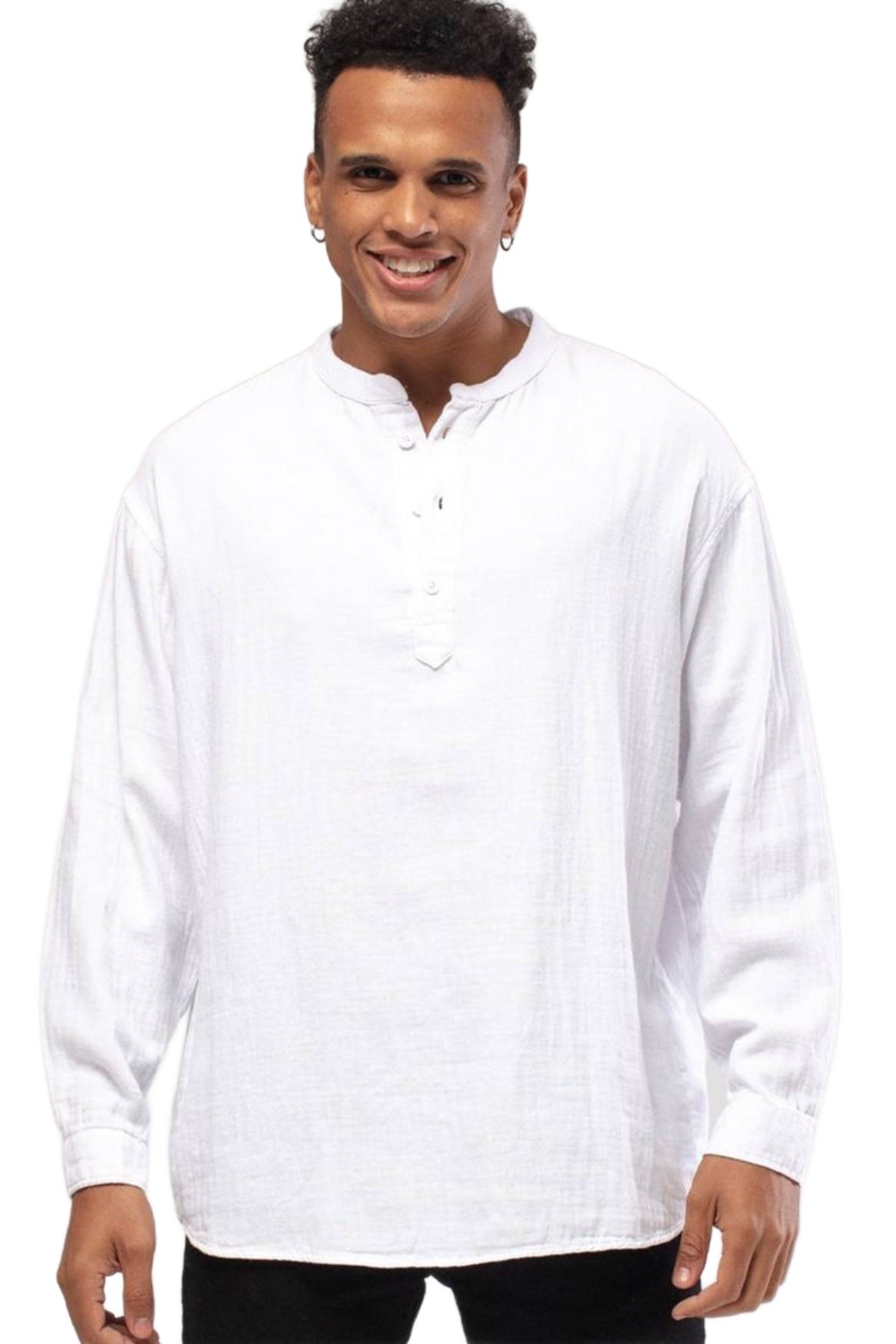 Linen Mandarin Neck half Button Long Sleeve Shirt White