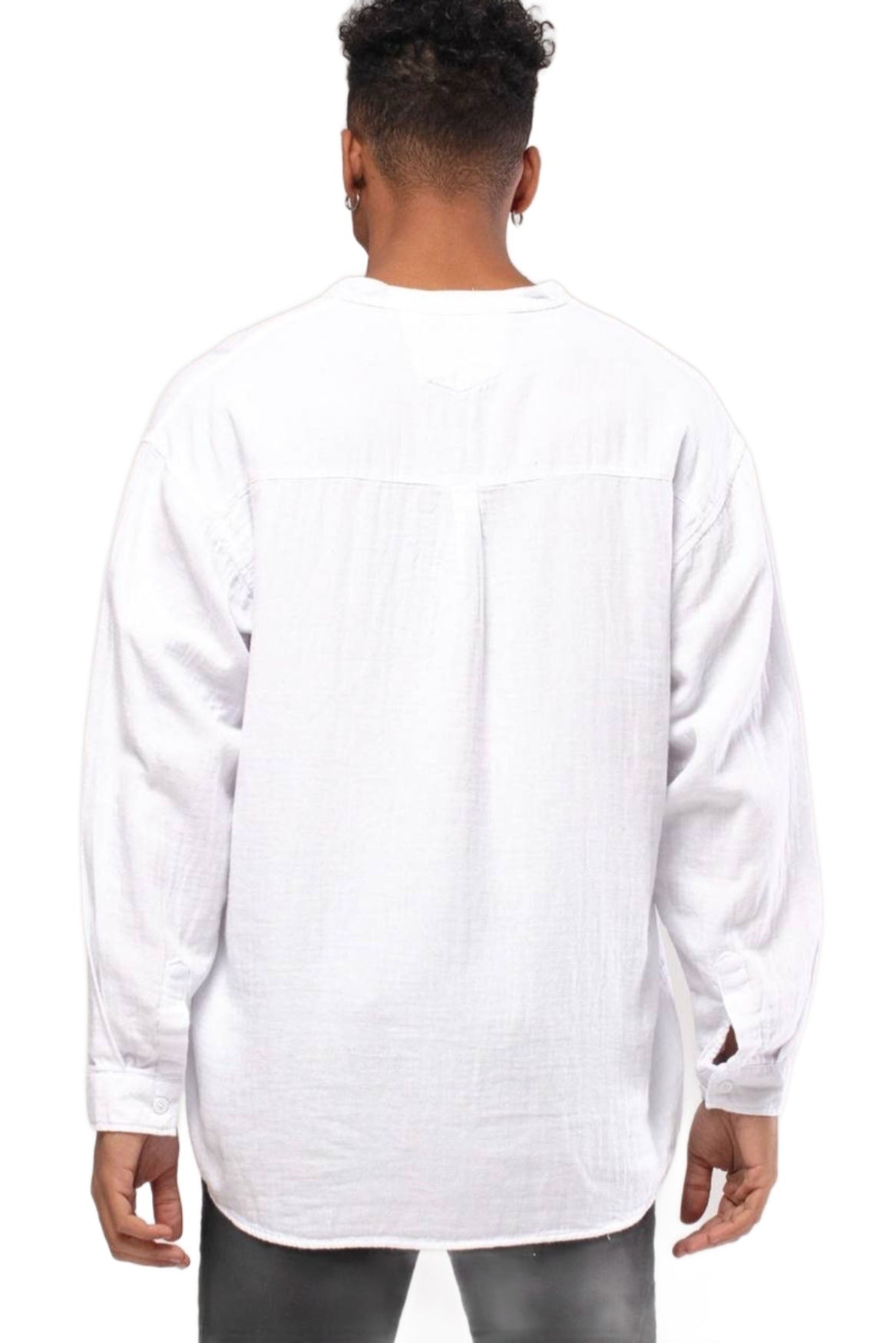 Linen Mandarin Neck half Button Long Sleeve Shirt White