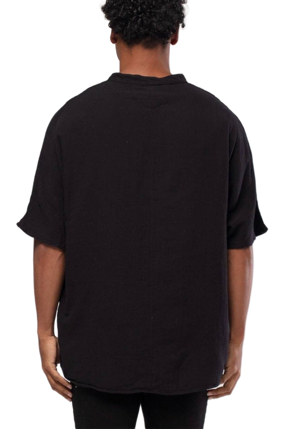 Linen Mandarin Half Neck Button Two Chest Pocket Shirt Black