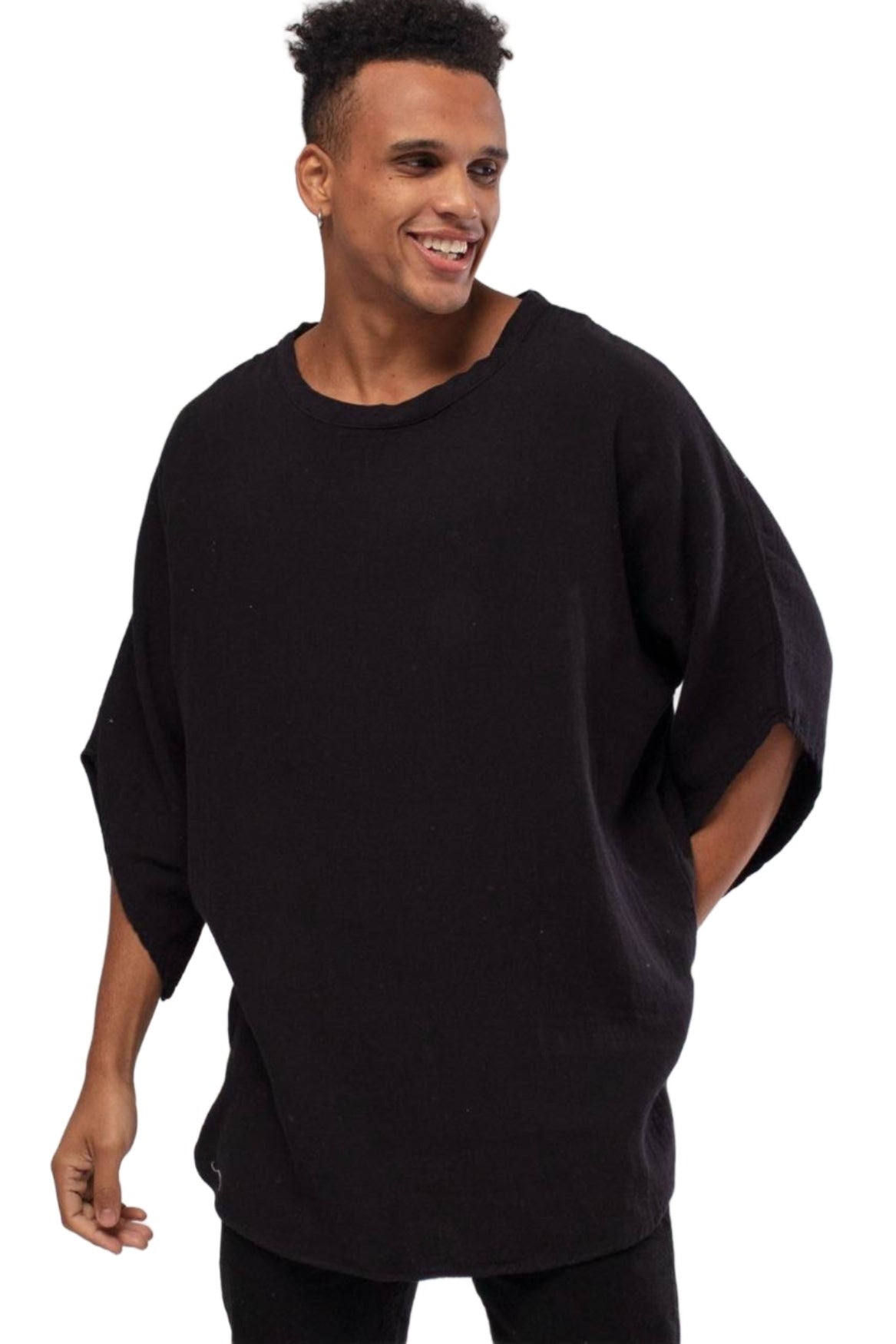 Bohemian Round Neck Bell sleeve Linen Shirt Black