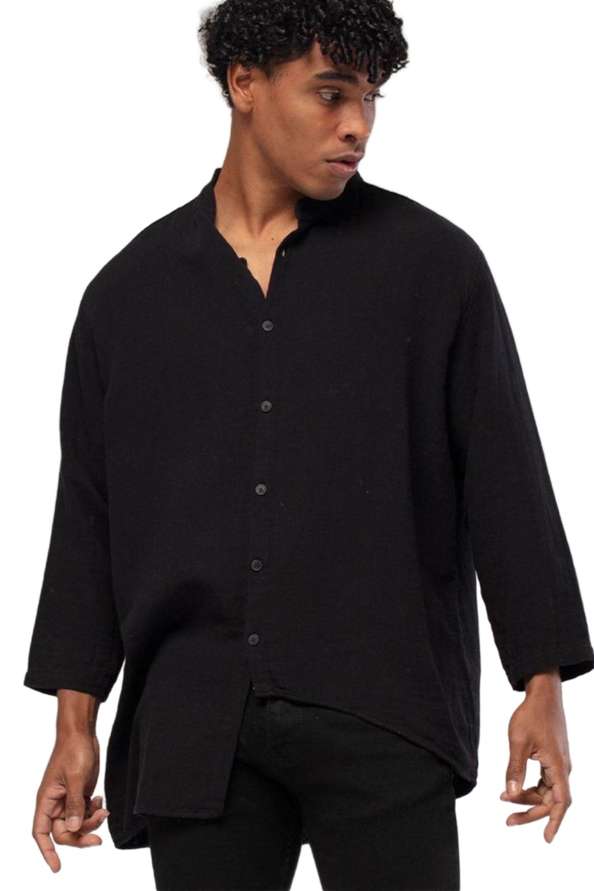 Linen Mandarin Neck Short Sleeve Button Down Asymmetric Shirt Black