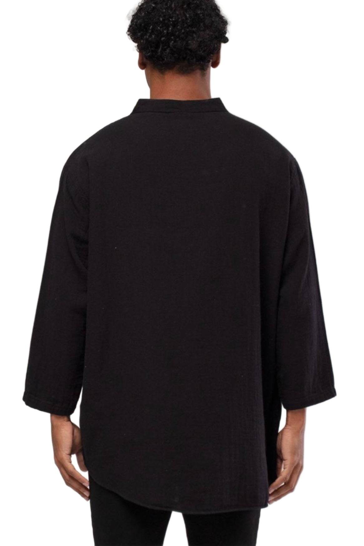 Linen Mandarin Neck Short Sleeve Button Down Asymmetric Shirt Black
