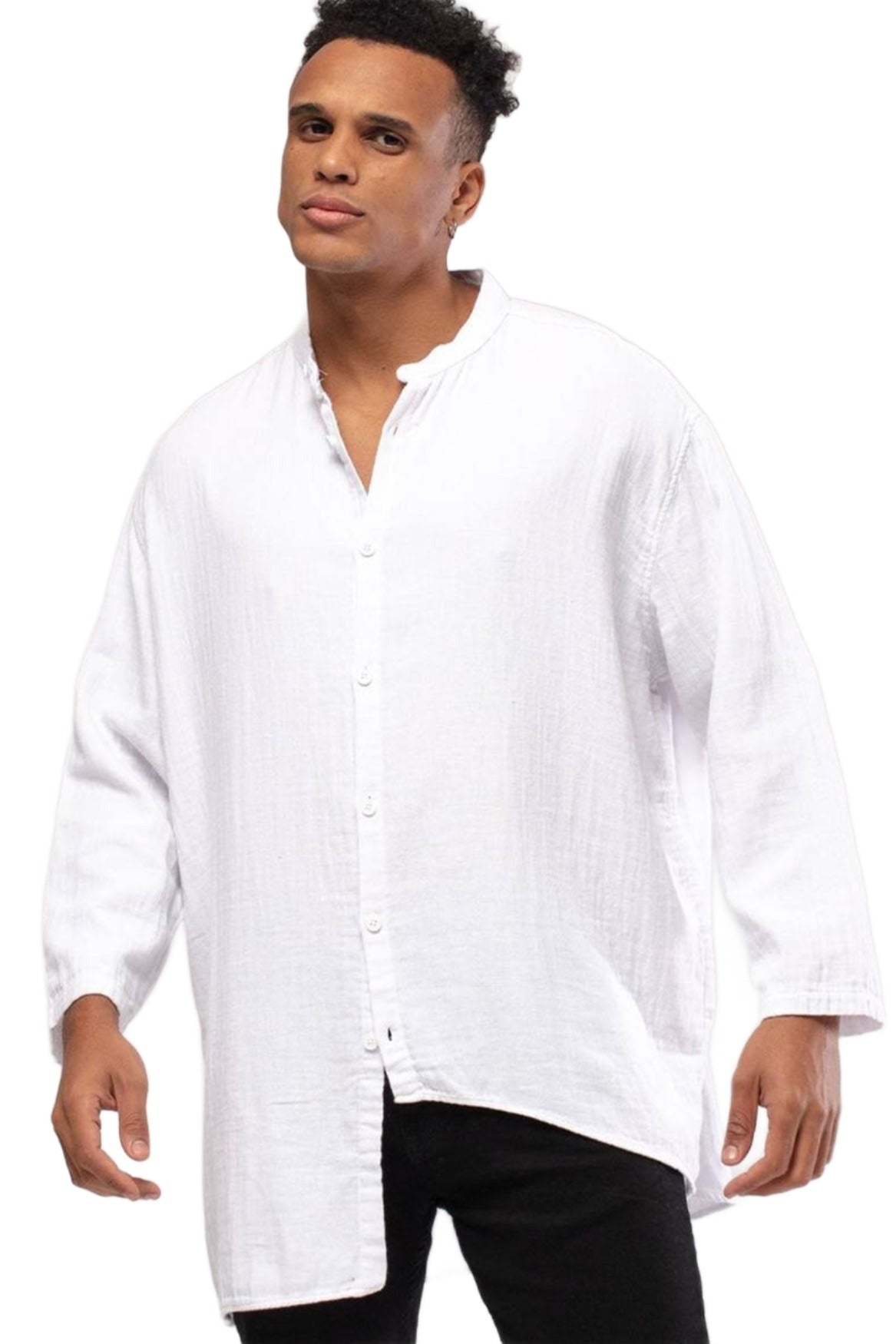 Linen Mandarin Neck Short Sleeve Button Down Asymmetric Shirt White