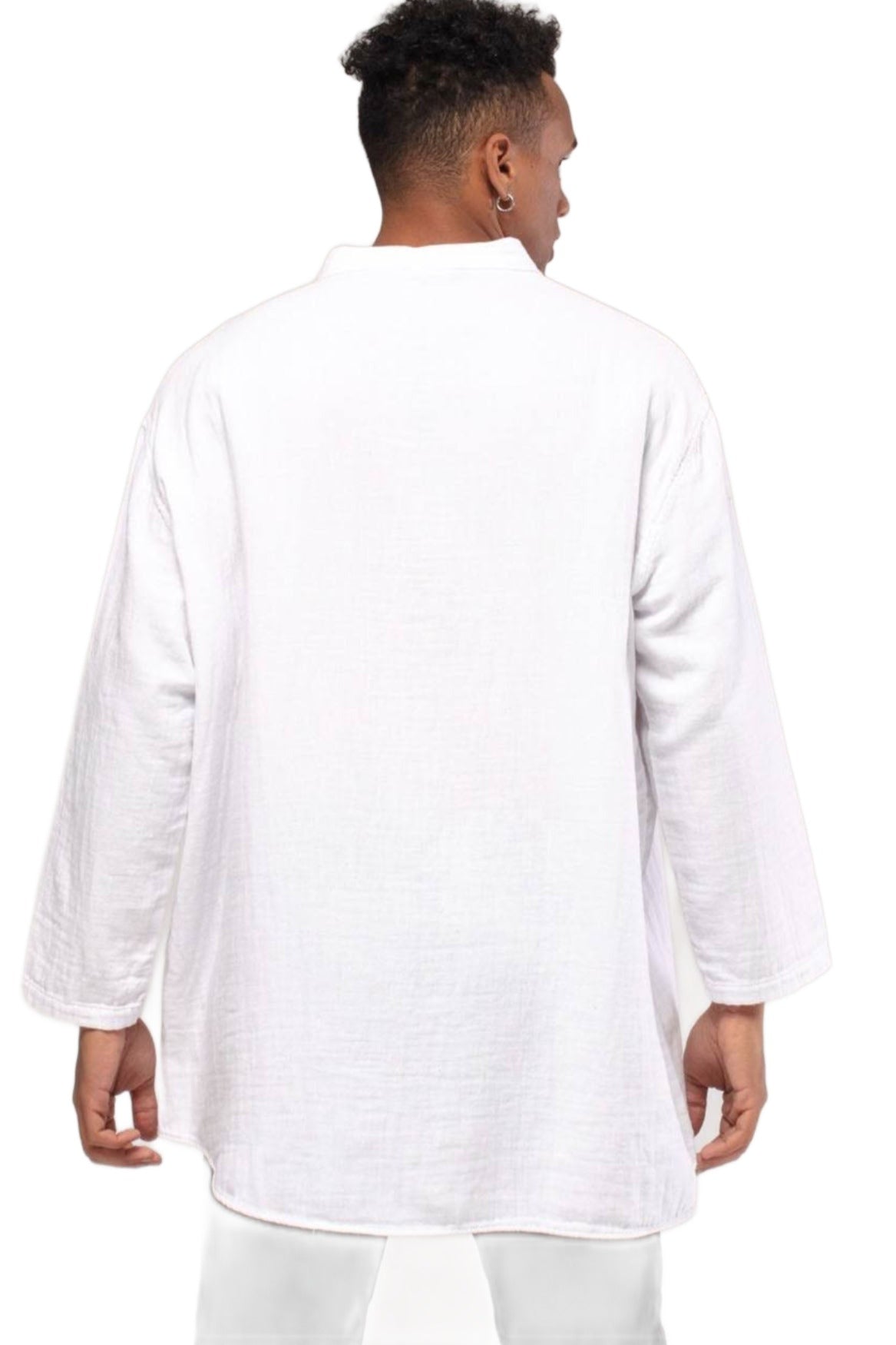 Linen Mandarin Neck Short Sleeve Button Down Asymmetric Shirt White