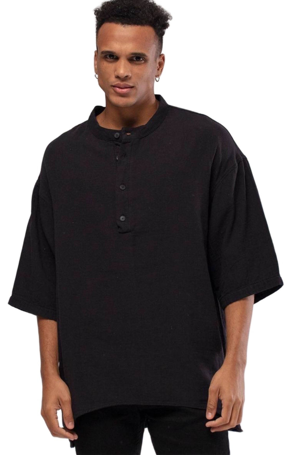 Linen Mandarin Neck Half Button Short sleeve Shirt Black