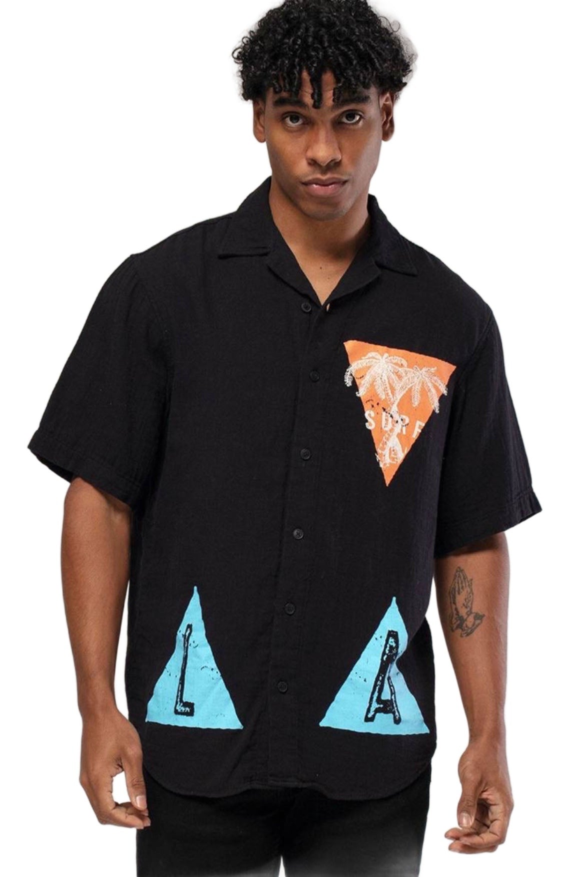 Printed Street Style Shirt sleeve Linen Shirt Black