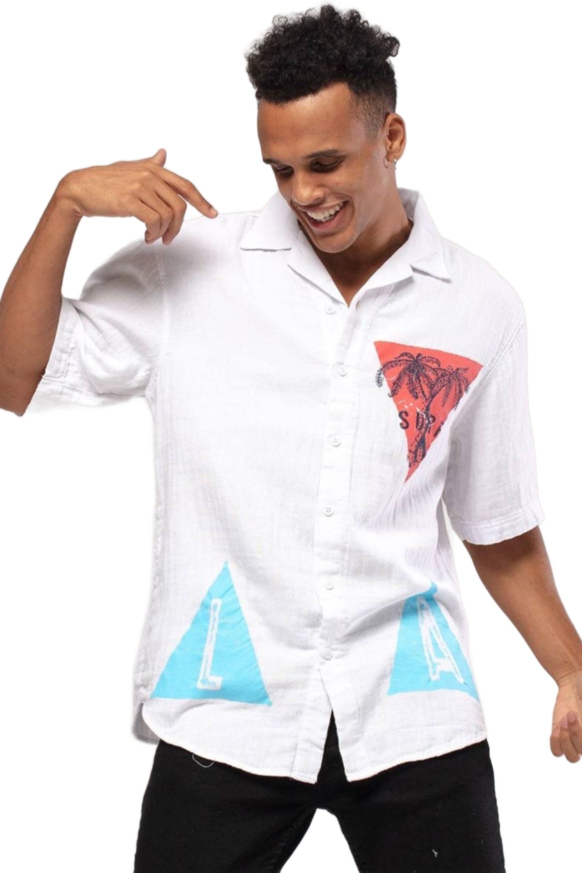 Printed Street Style Shirt Short Sleeve White Linen Shirt