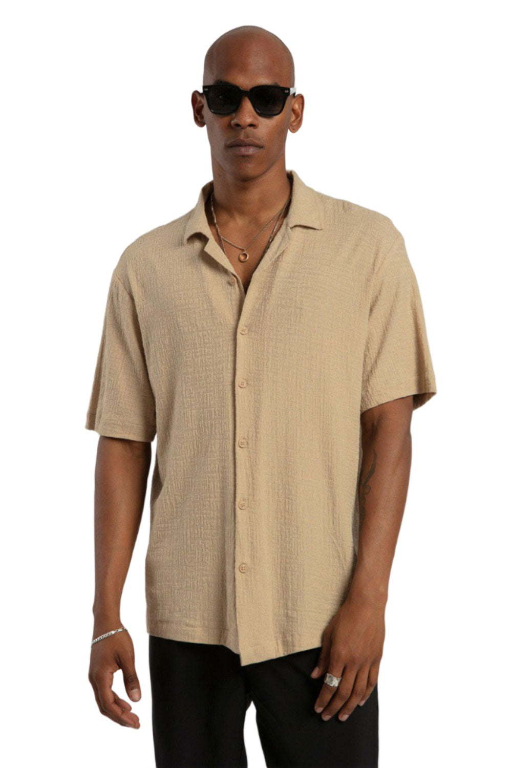 Linen Button Down Short Sleeve Shirt - Camel