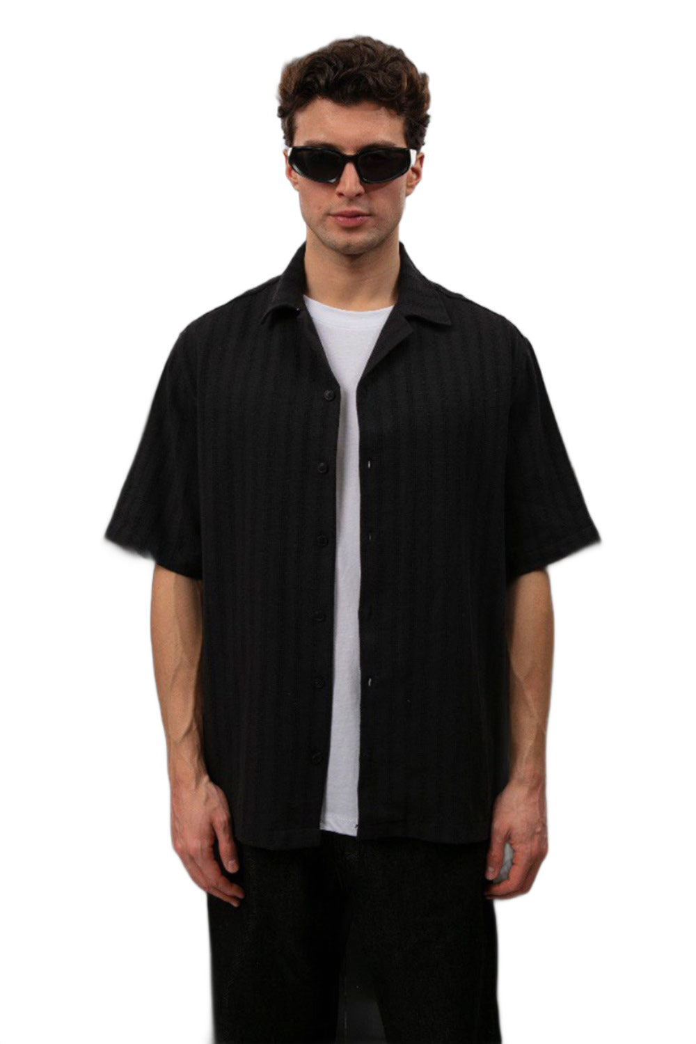 Linen Striped Patterned Shirt - Black
