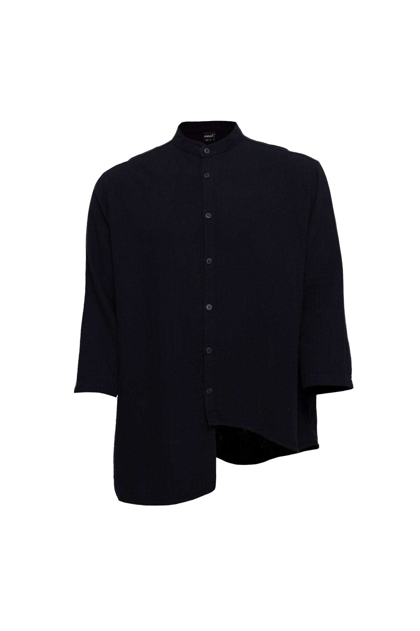 Linen Mandarin Neck Short Sleeve Button Down Asymmetric Shirt Black
