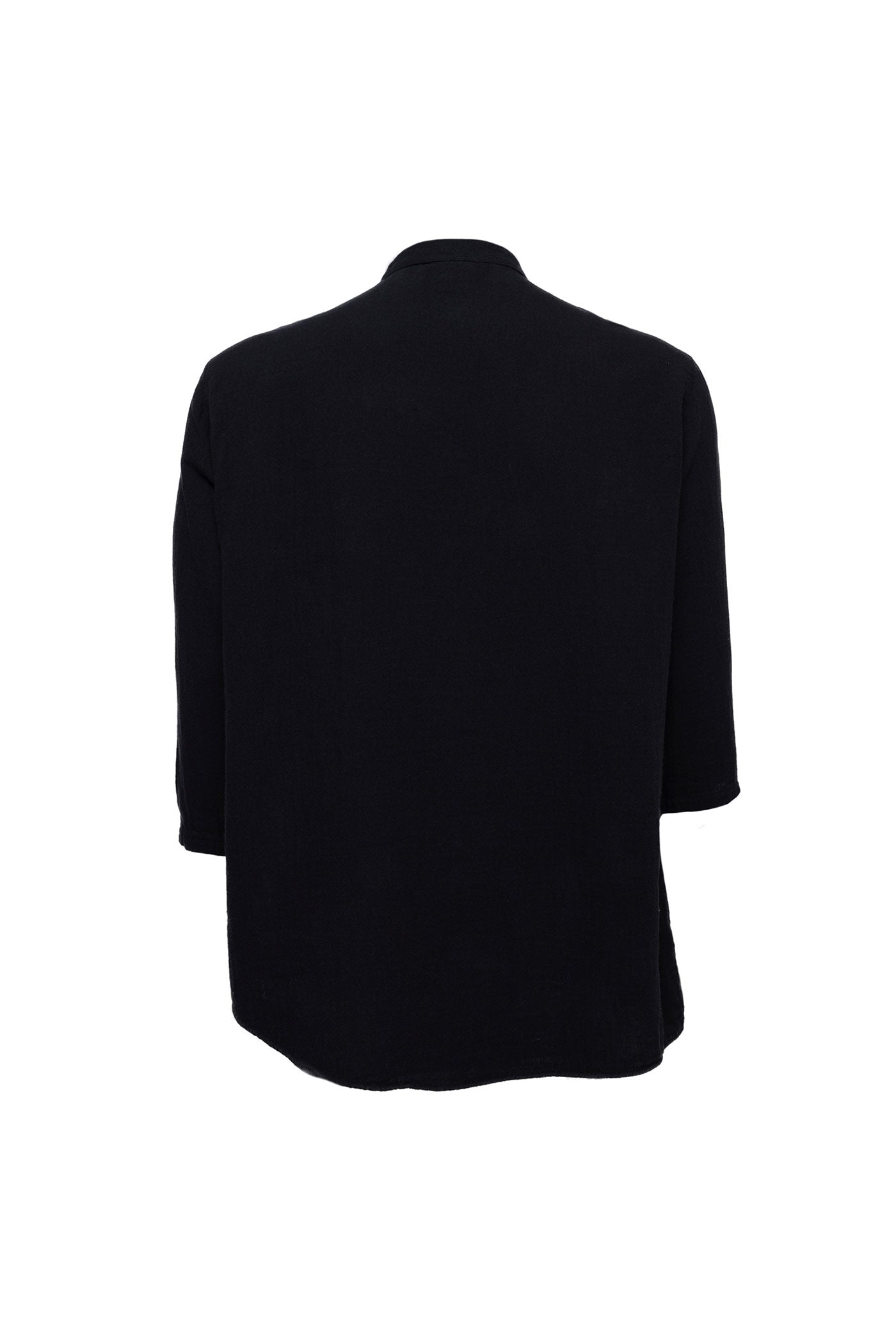 Linen Mandarin Neck Short Sleeve Button Down Asymmetric Shirt Black