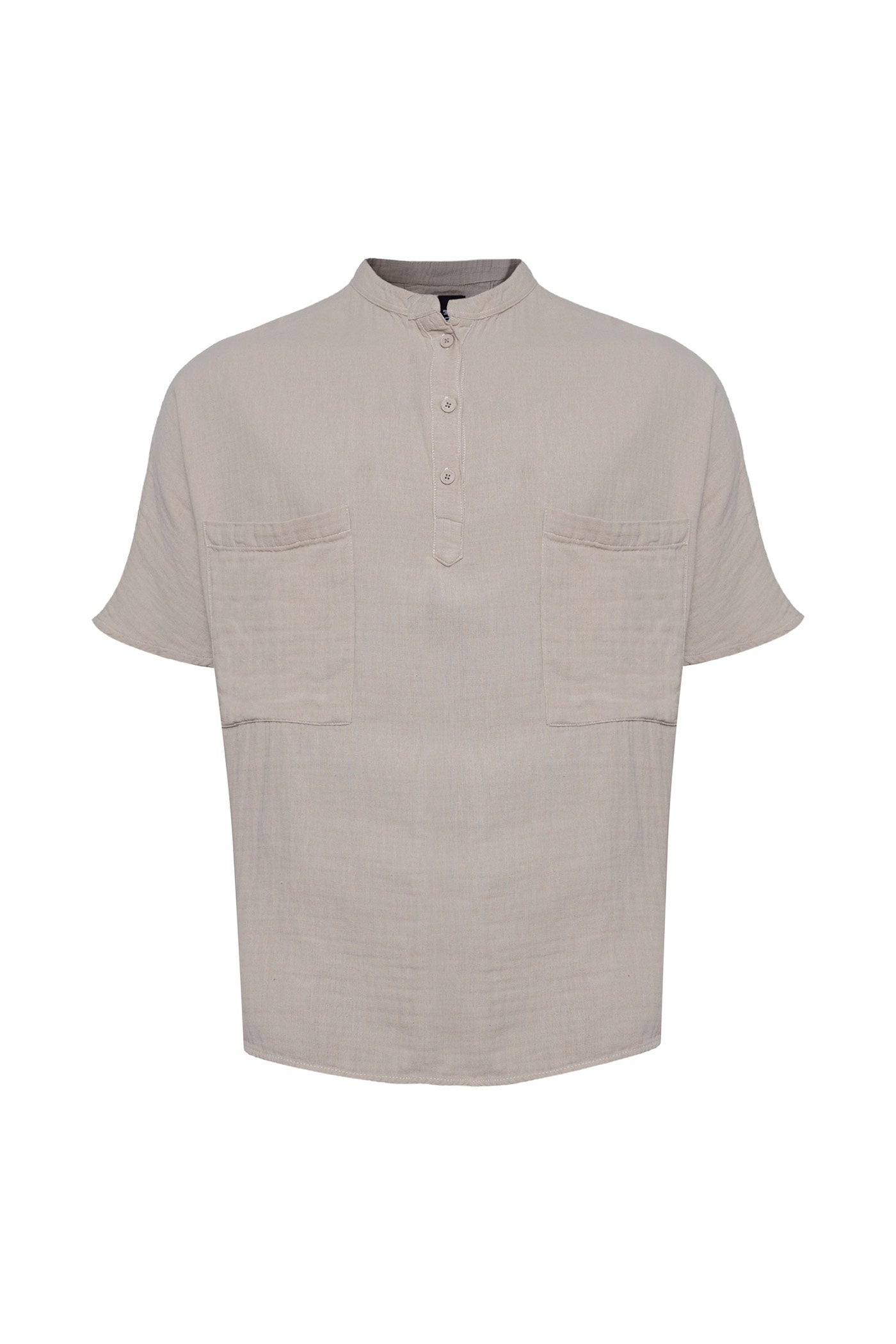 Linen Mandarin Neck Half Button Two Chest Pockets Shirt Beige