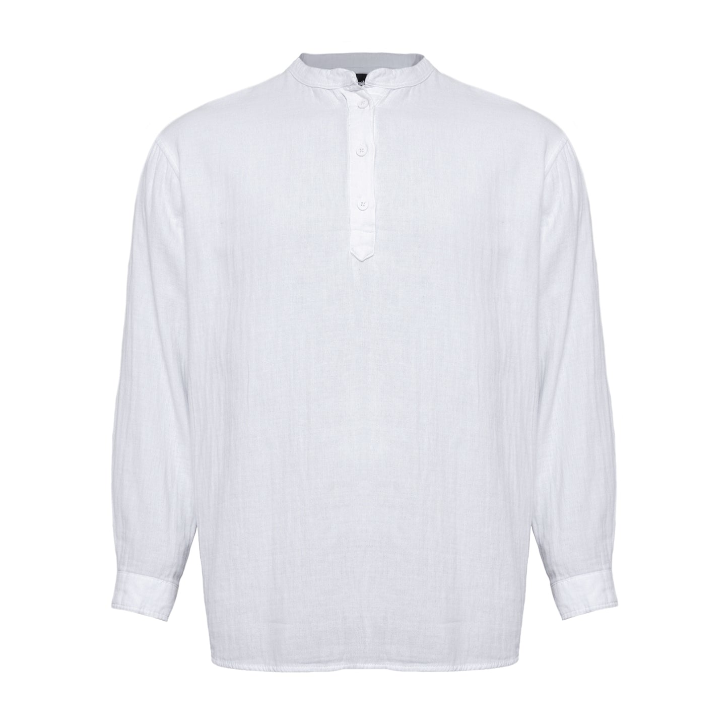 Linen Mandarin Neck half Button Long Sleeve Shirt White
