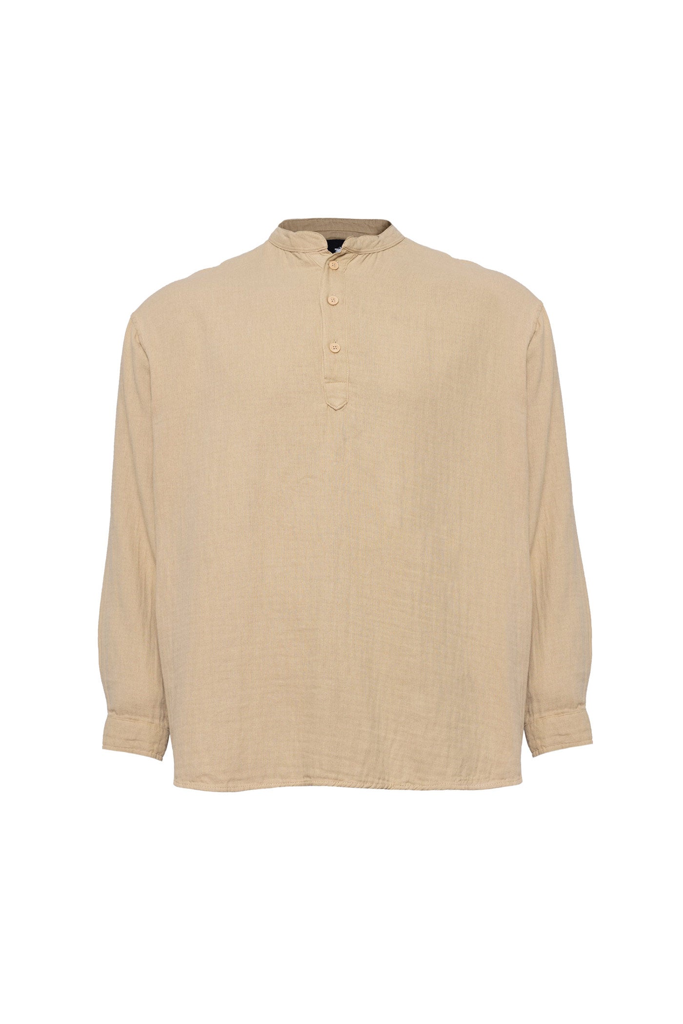 Linen Mandarin Neck half Button Long Sleeve Shirt Beije
