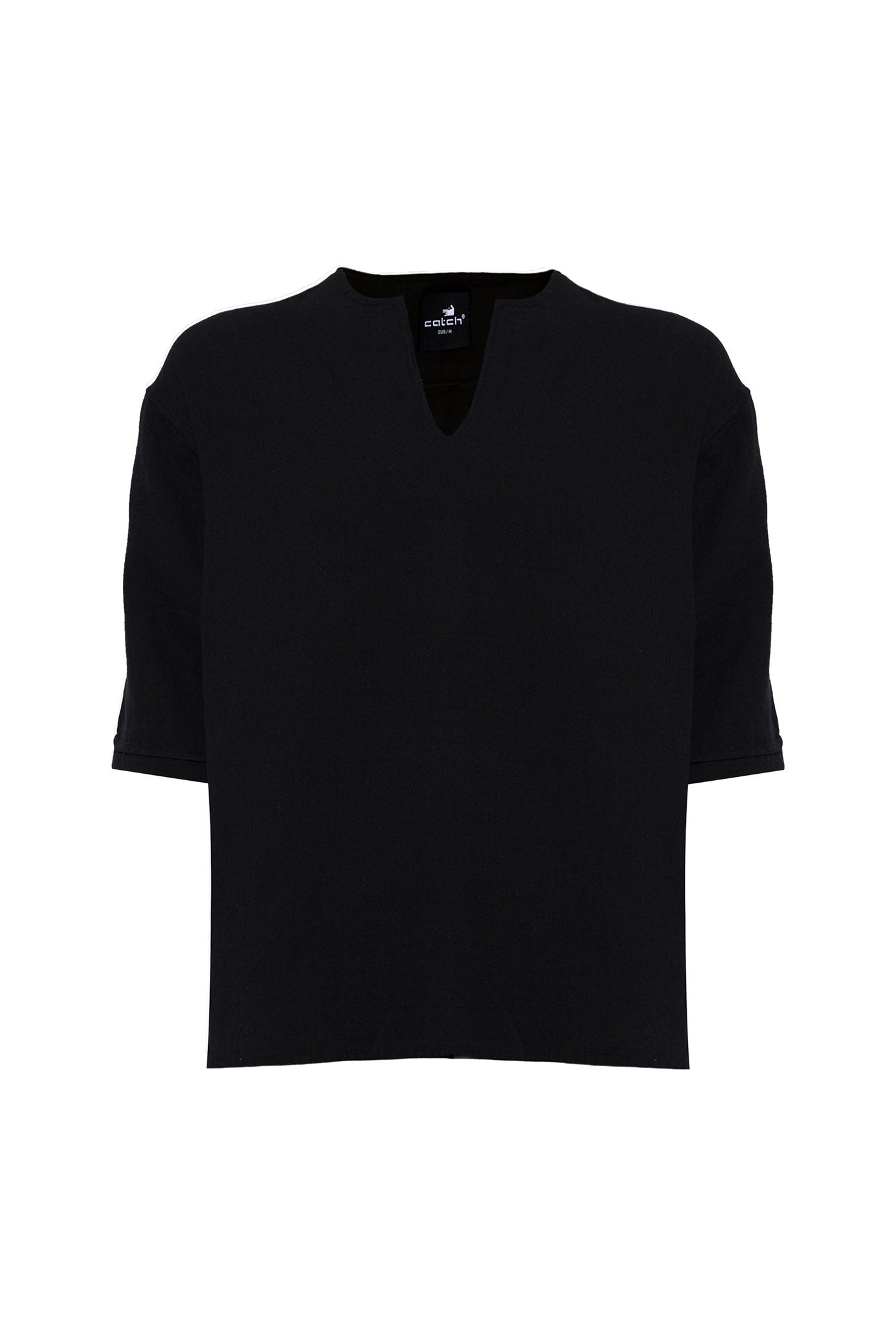 Bohemian V Neck Model Linen Shirt Black