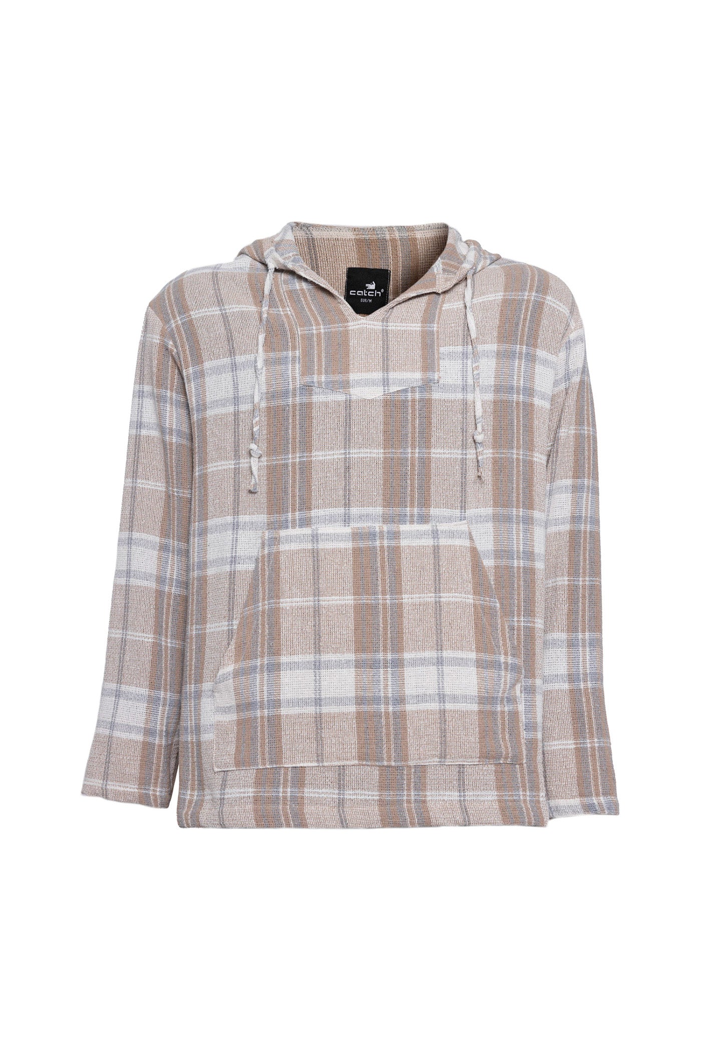 Plaid Long Sleeeve With Hoddie And Kangaroo Pocket Linen Shirt