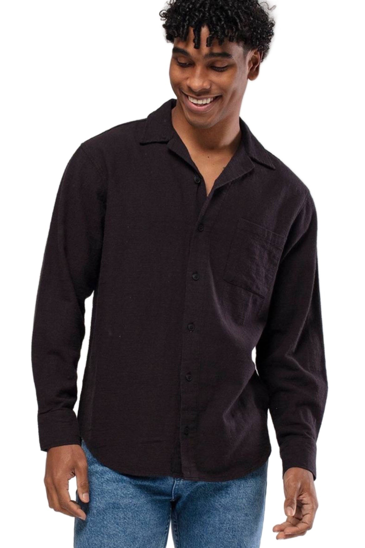 Linen Button Down Long Sleeve Black Shirt