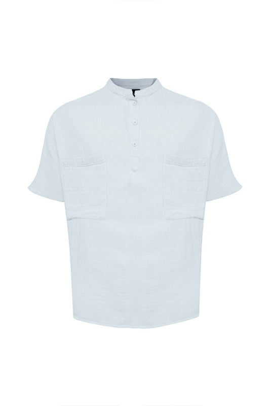 Linen Mandarin Half Neck Button Two Chest Pocket Shirt Blue