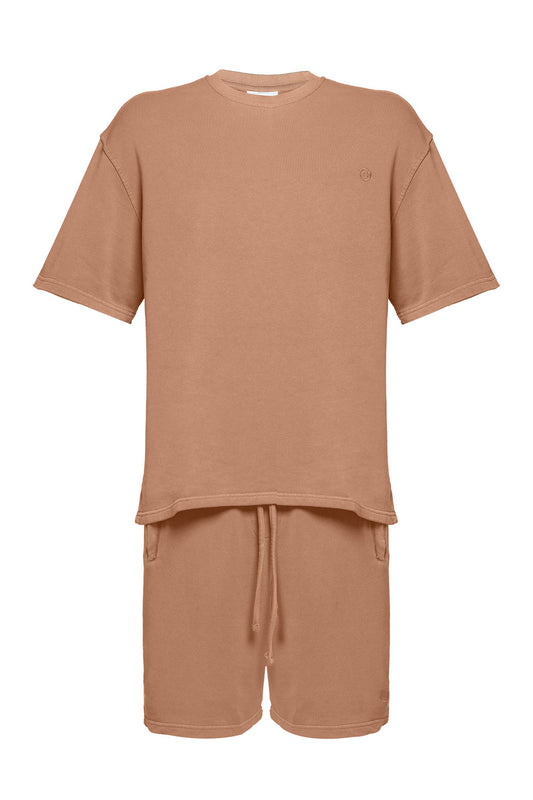 Cotton Casual T-Shirt & Short Set - Light Brown
