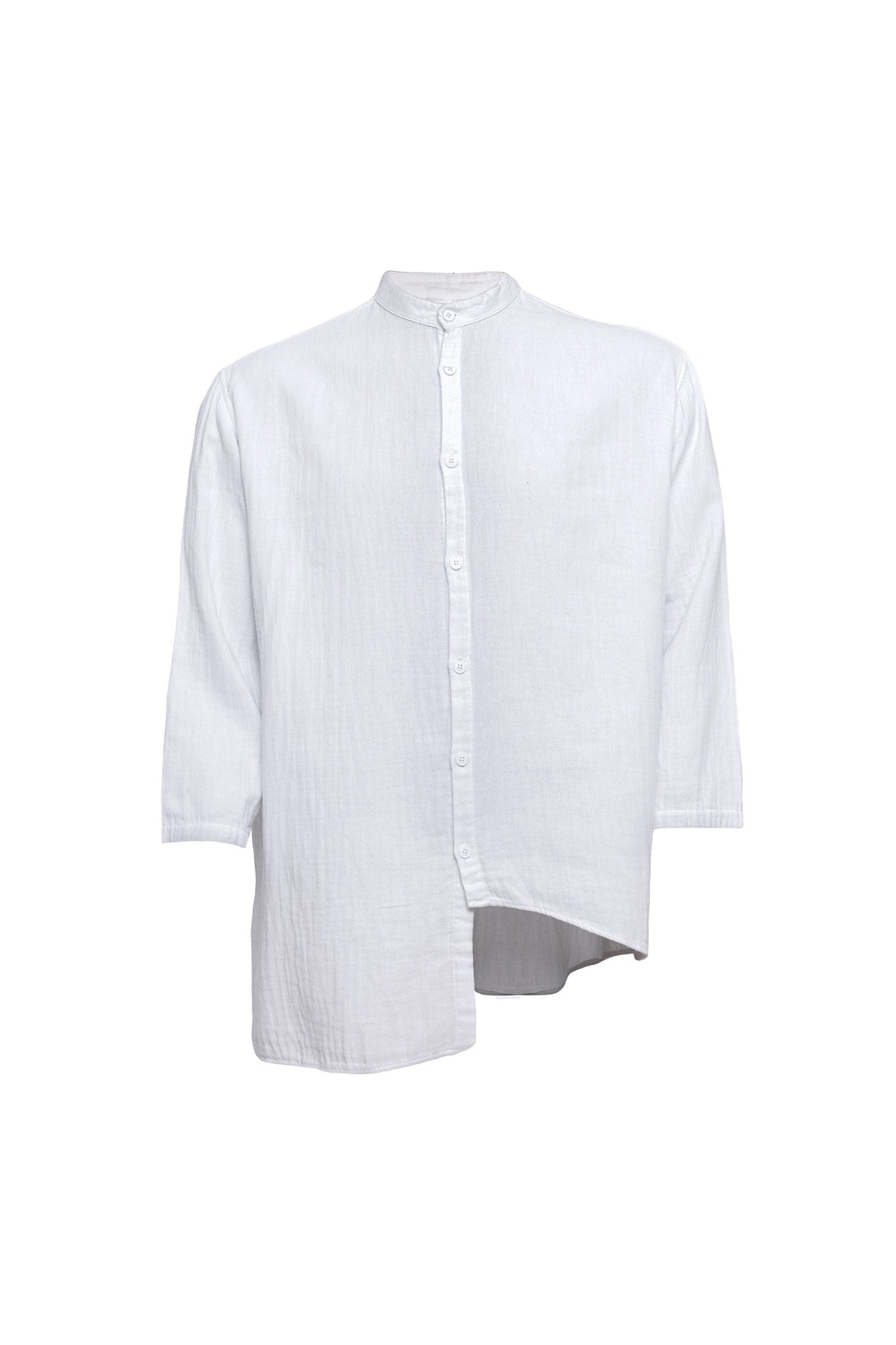 Linen Mandarin Neck Short Sleeve Button Down Asymmetric Shirt White