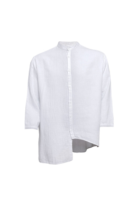 Linen Mandarin Neck Short Sleeve Button Down Asymmetric Shirt White