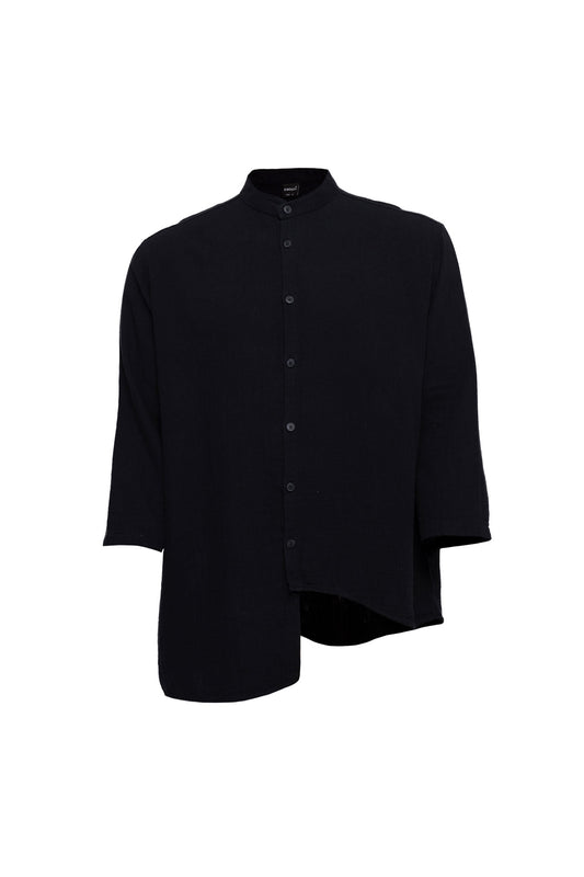 Linen Mandarin Neck Short Sleeve Button Down Asymmetric Shirt Black