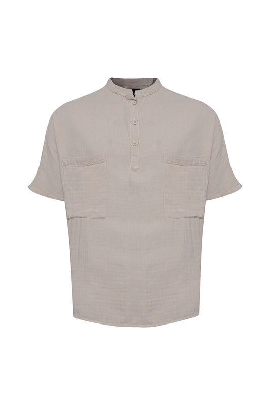 Linen Mandarin Neck Half Button Two Chest Pockets Shirt Beige