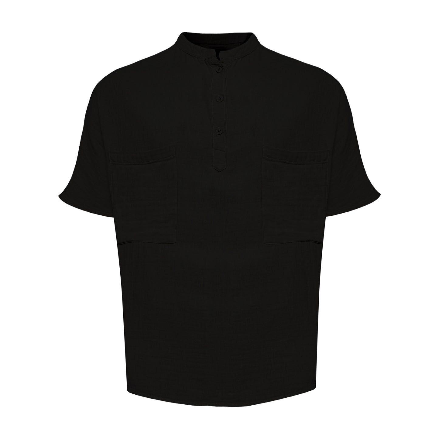 Linen Mandarin Half Neck Button Two Chest Pocket Shirt Black