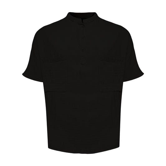 Linen Mandarin Half Neck Button Two Chest Pocket Shirt Black
