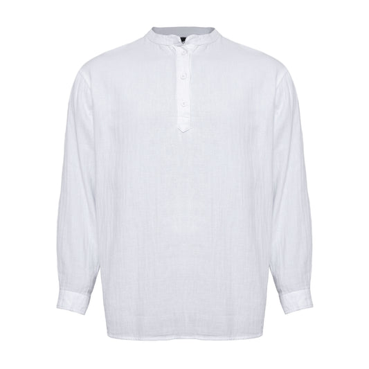 Linen Mandarin Neck half Button Long Sleeve Shirt White