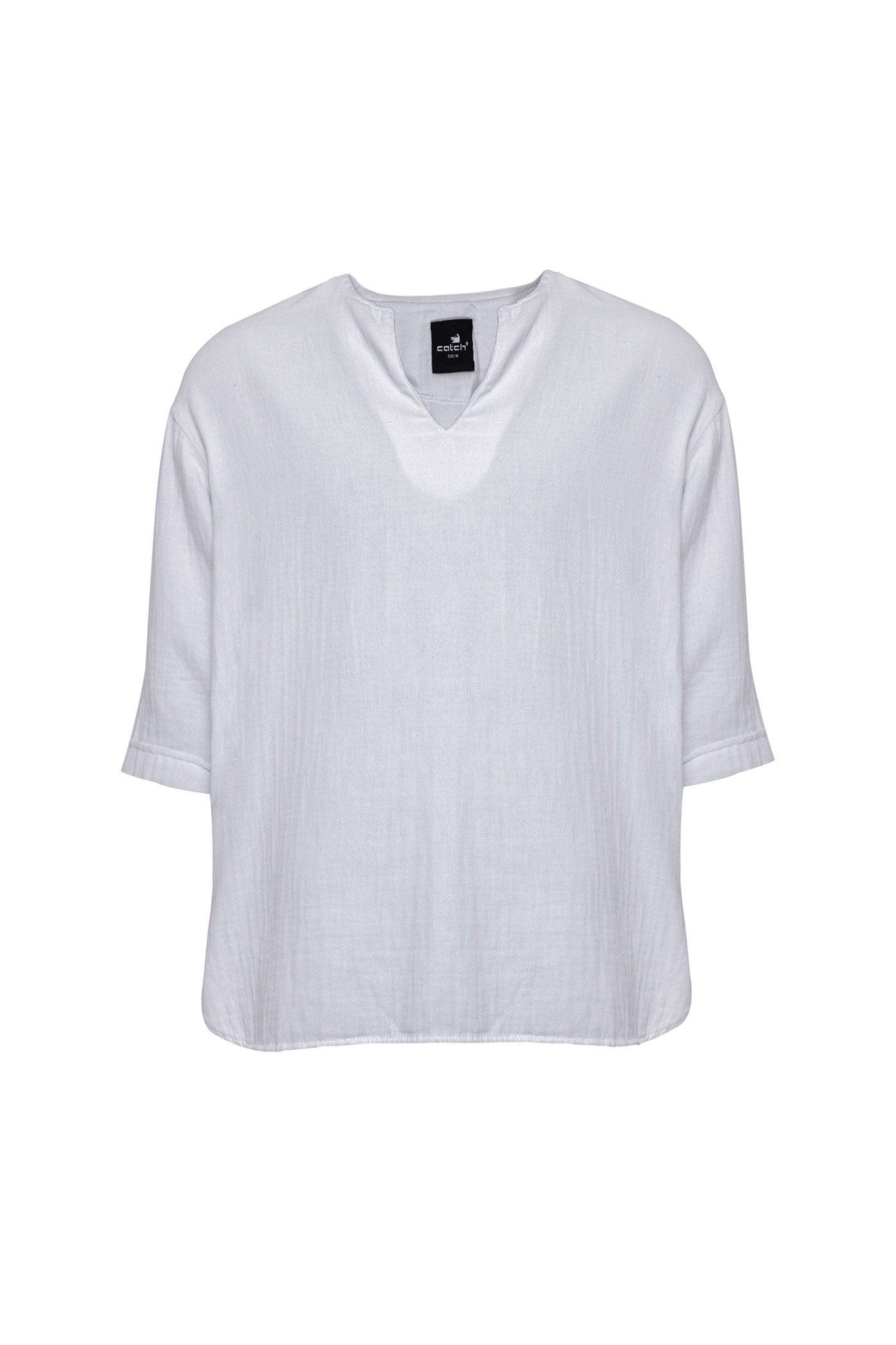 Bohemian V Neck Model Short Sleeve Linen Shirt White