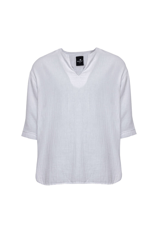 Bohemian V Neck Model Short Sleeve Linen Shirt White