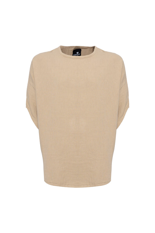 Bohemian Round Neck Bell sleeve Linen Shirt Camel