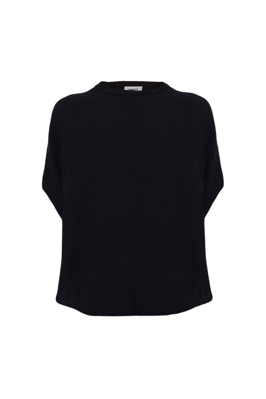 Bohemian Round Neck Bell sleeve Linen Shirt Black