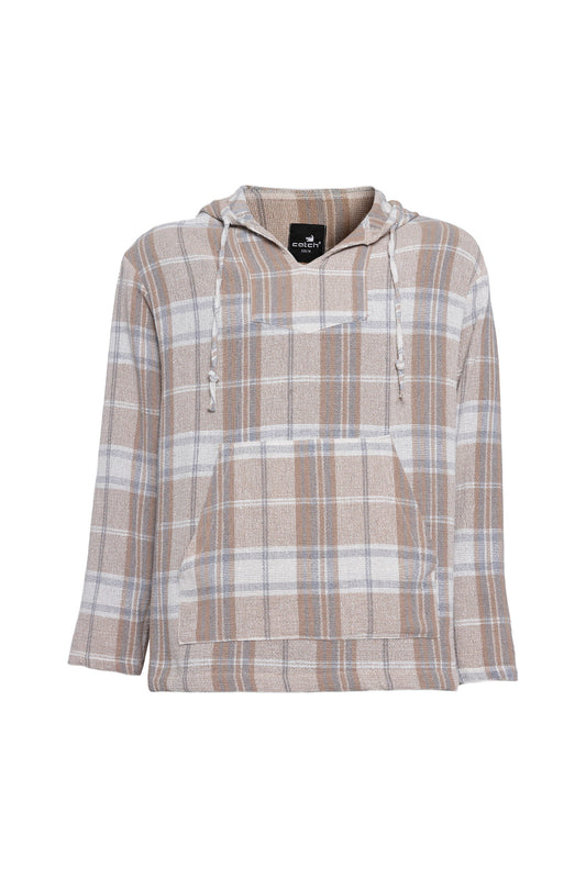 Plaid Long Sleeeve With Hoddie And Kangaroo Pocket Linen Shirt