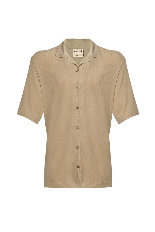 Linen Button Down Short Sleeve Shirt - Camel